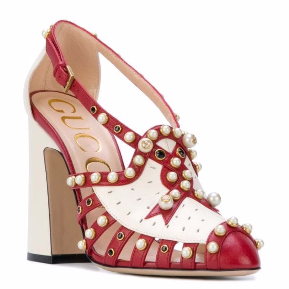 New Gucci Tracy Red/White Pearl Pumps 37.5